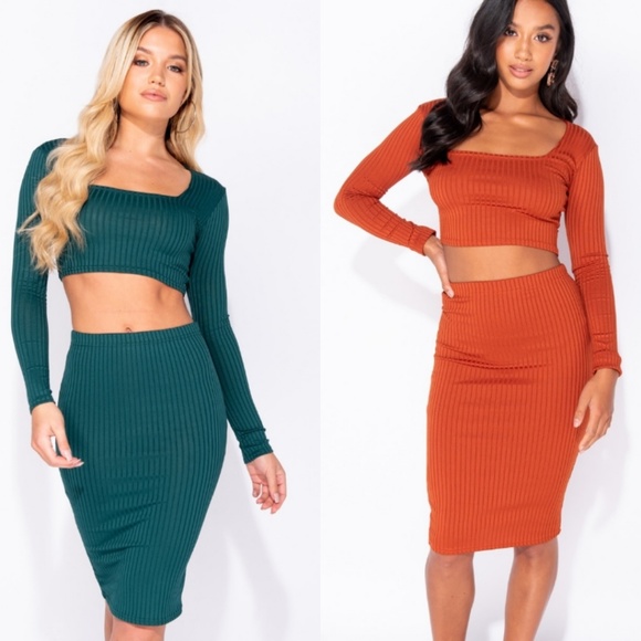Dresses & Skirts - Rib Knit Long Sleeve Crop Top and Midi Skirt Set